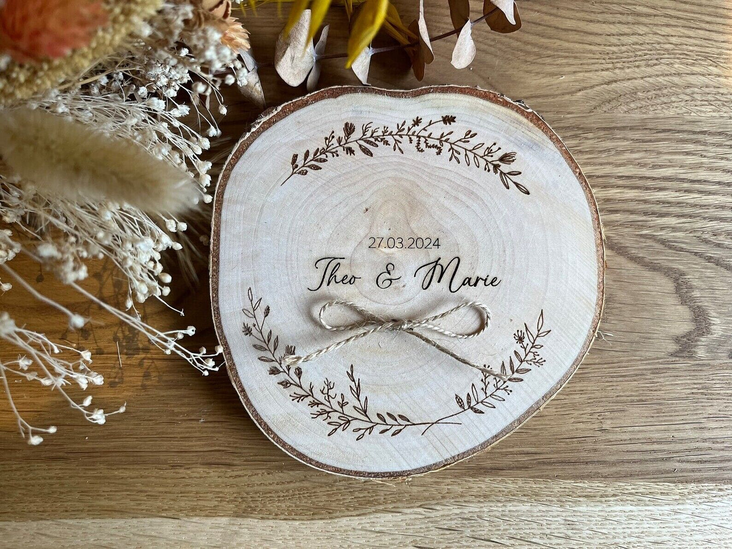 Personalisierbar Birke Baumscheibe Ringhalter mit Gravur Ringkissen Eheringe,Holz